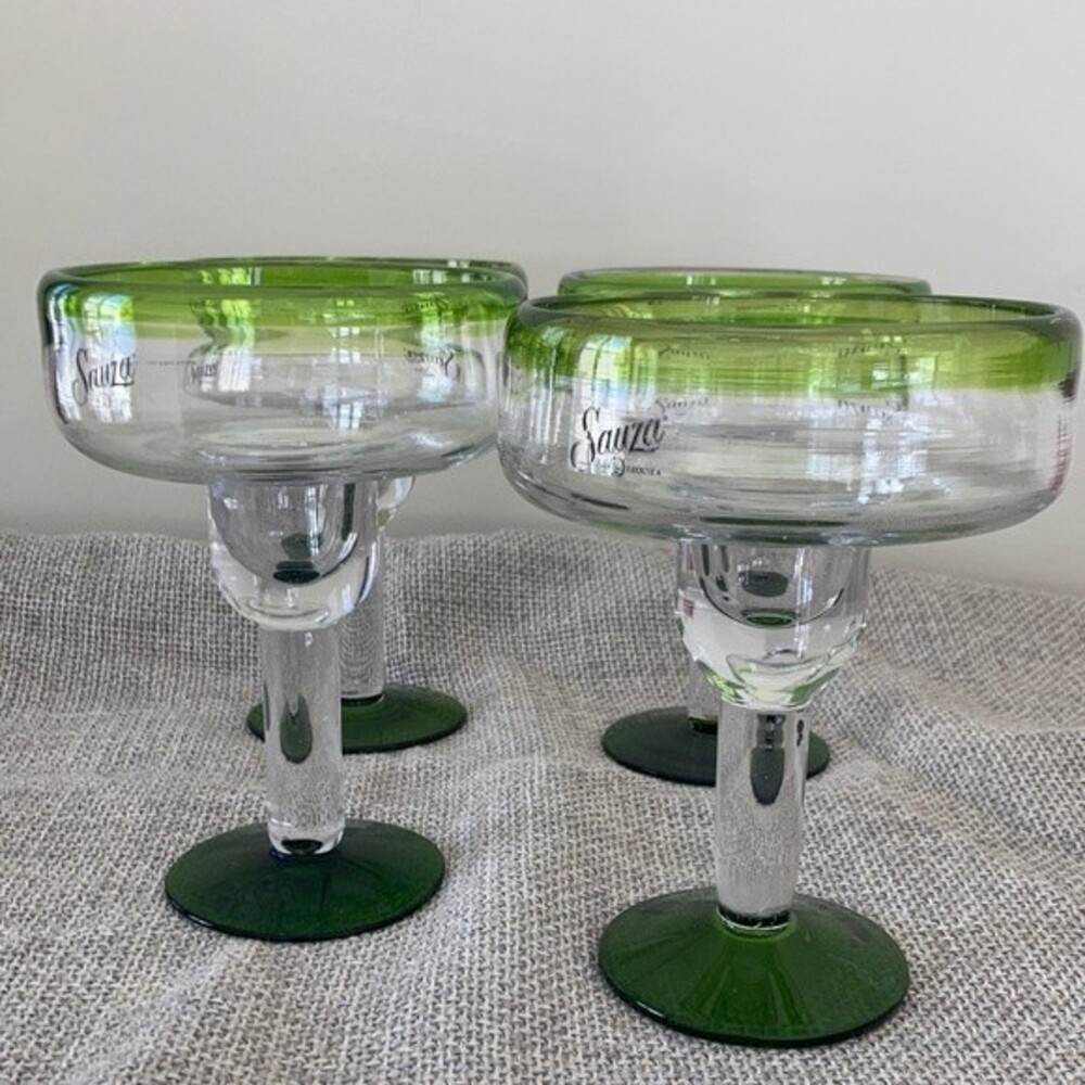 Set of four Sauza Tequila Margarita glasses Hand Blown Green Base.